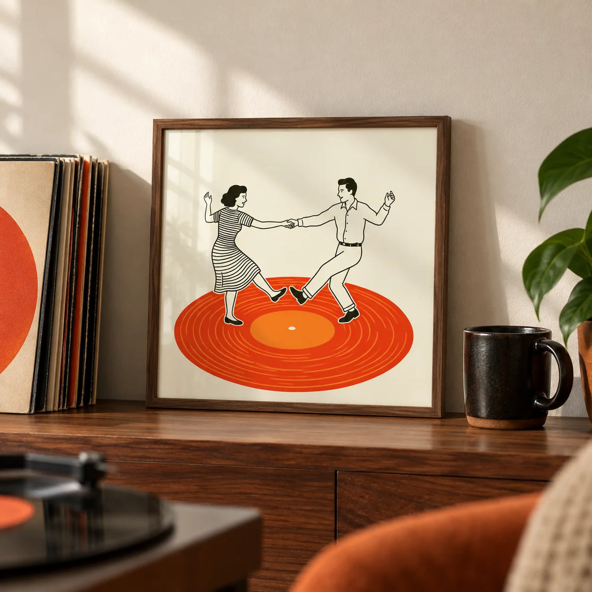 Vintage Dance Art Print, a small A4 framed print leaning on a walnut shelf in a living room