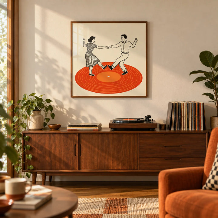 Vintage Dance Art Print, framed on the wall of a warm mid-century living room