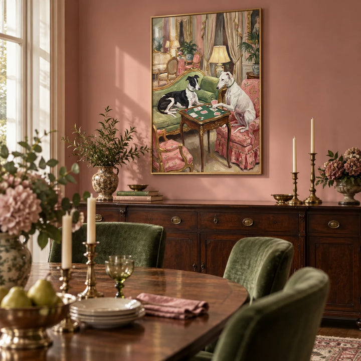 Vintage Dog Wall Art, framed on the wall of a characterful dining room with a dusty pink wall