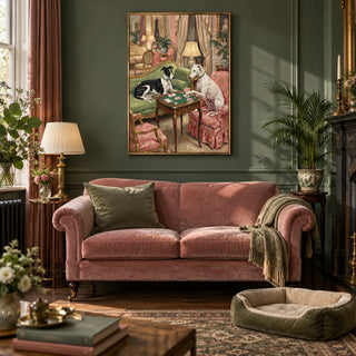 Vintage Dog Wall Art, framed on the wall of a characterful Victorian living room with a deep sage green painted wall and a dark wood floor