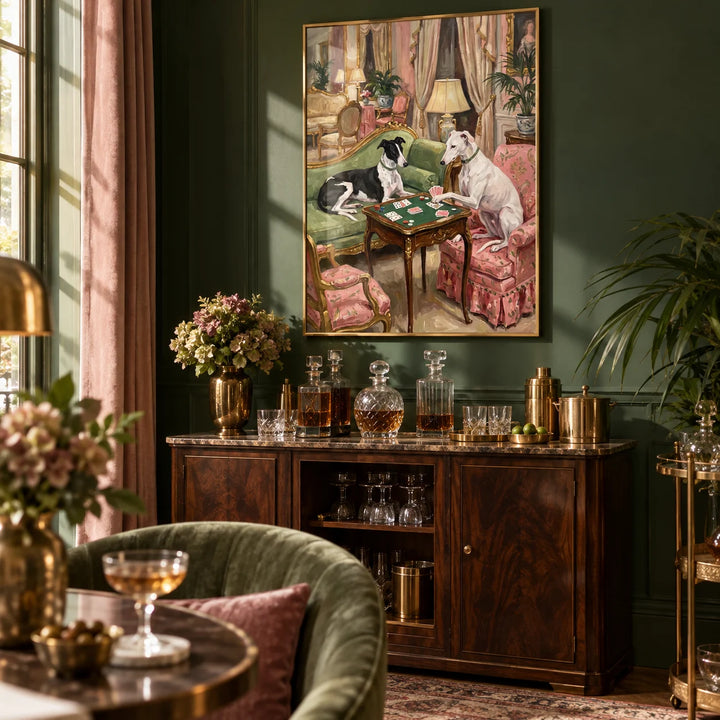 Vintage Dog Wall Art, framed on the wall of a cosy home bar corner with a deep green wall in a living room