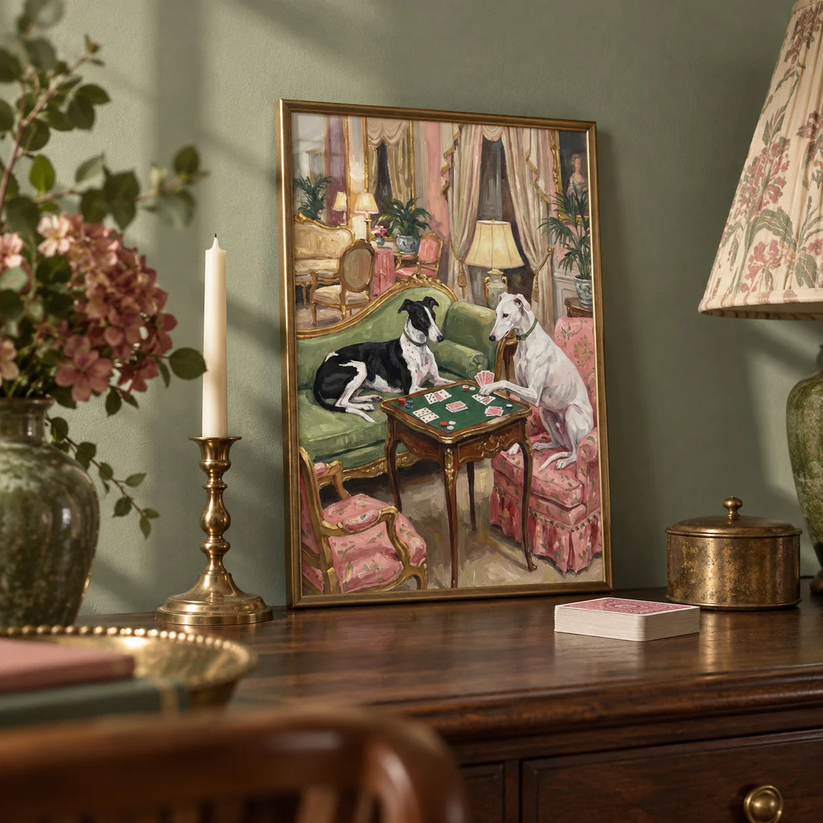 Vintage Dog Wall Art, a small A4 framed print leaning on a dark wood sideboard in a living room