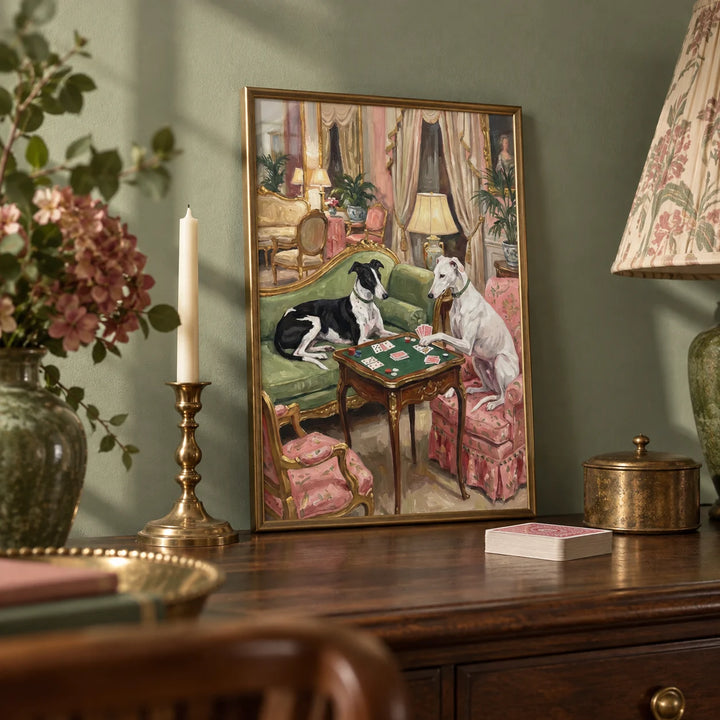 Vintage Dog Wall Art, a small A4 framed print leaning on a dark wood sideboard in a living room