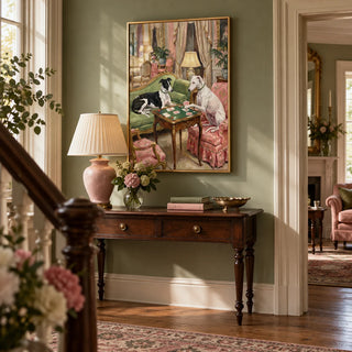 Vintage Dog Wall Art, framed on the wall of a Victorian hallway with a sage green wall and a plain wooden floor
