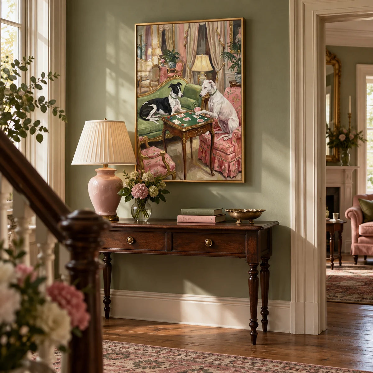 Vintage Dog Wall Art, framed on the wall of a Victorian hallway with a sage green wall and a plain wooden floor