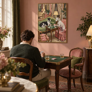 Vintage Dog Wall Art, framed on the wall of a warm games room with a dusty pink painted wall