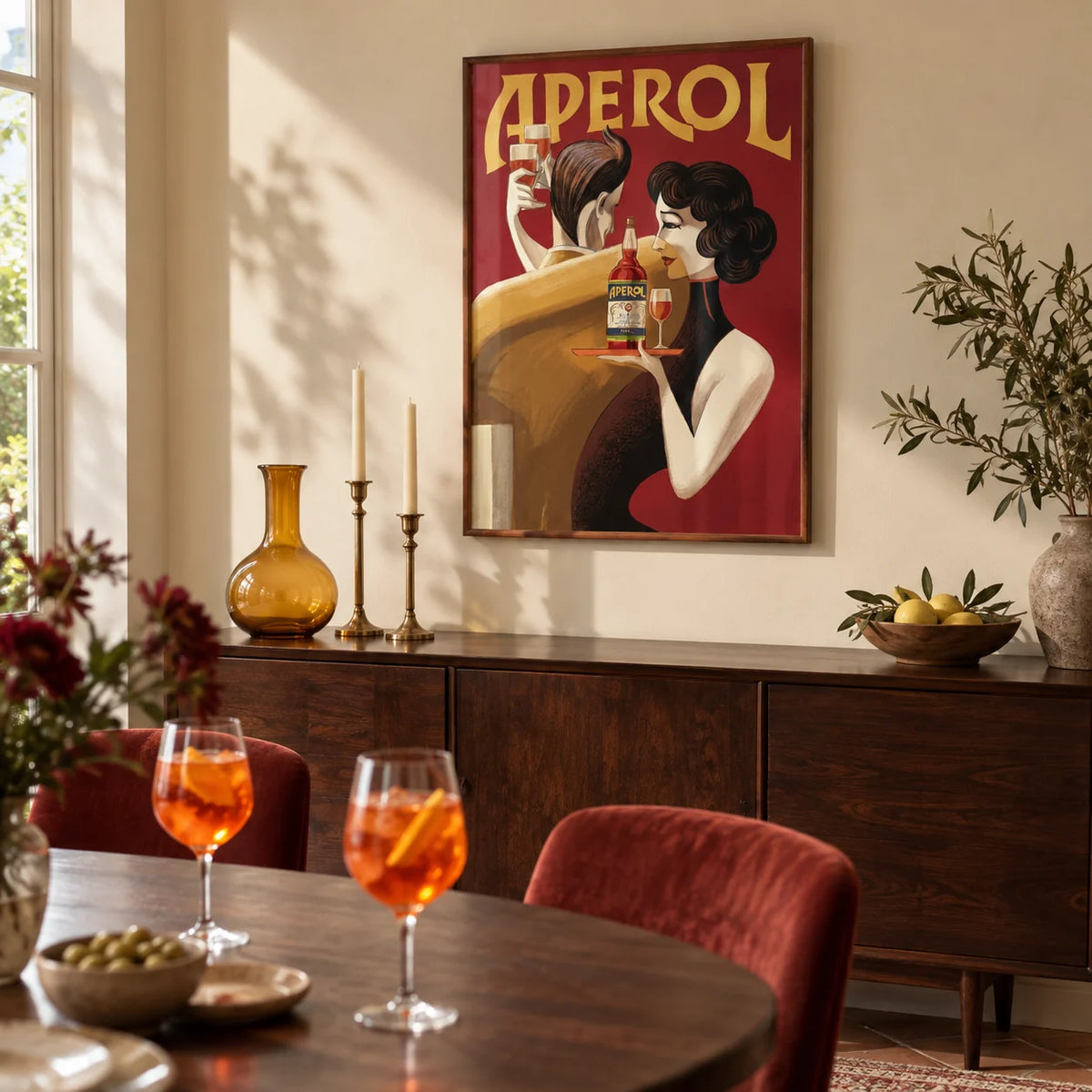 Vintage Drink Wall Art, framed on the wall of a characterful dining room with a warm cream wall