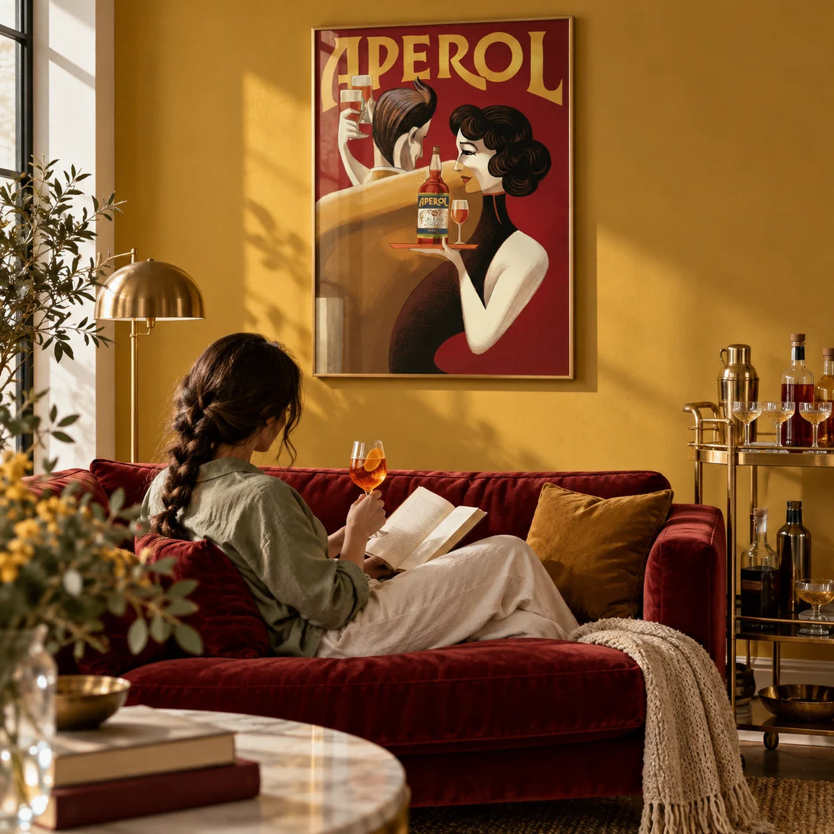 Vintage Drink Wall Art, framed on the wall of an elegant living room with a mustard yellow wall