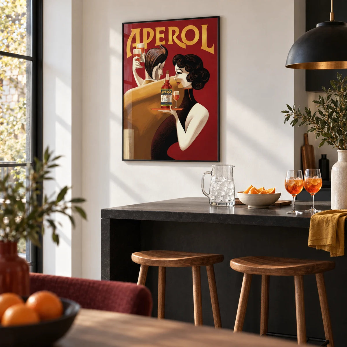 Vintage Drink Wall Art, framed on the wall of an open-plan kitchen-diner with a white wall and black fittings