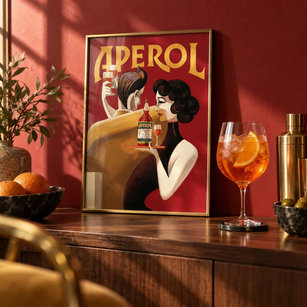 Vintage Drink Wall Art, a small A4 framed print leaning on a walnut bar shelf in a living room