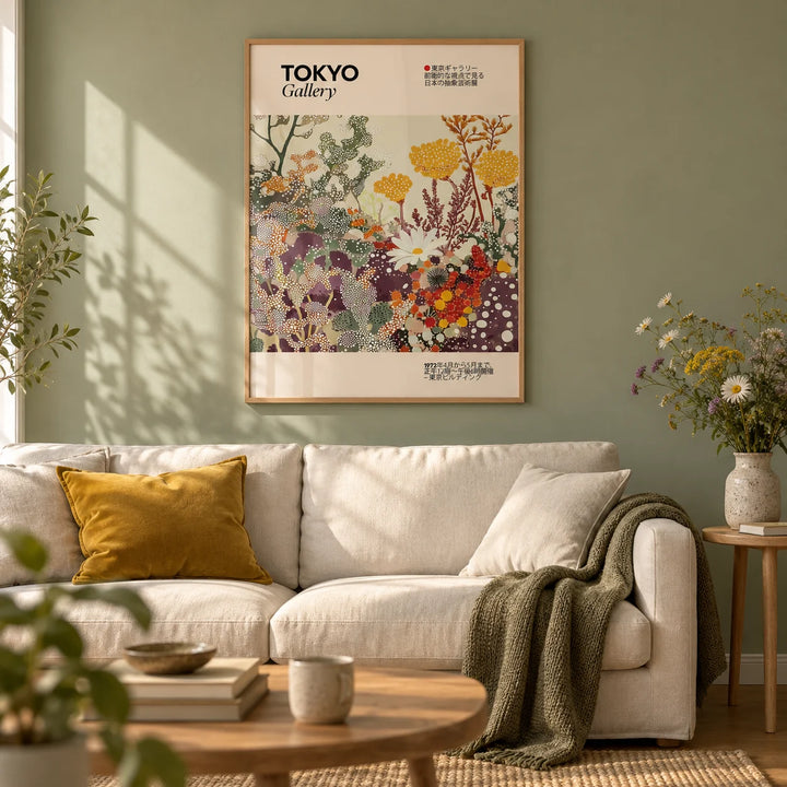 Vintage Floral Print, framed on the wall of a calm living room with a soft sage green wall and a light oak floor
