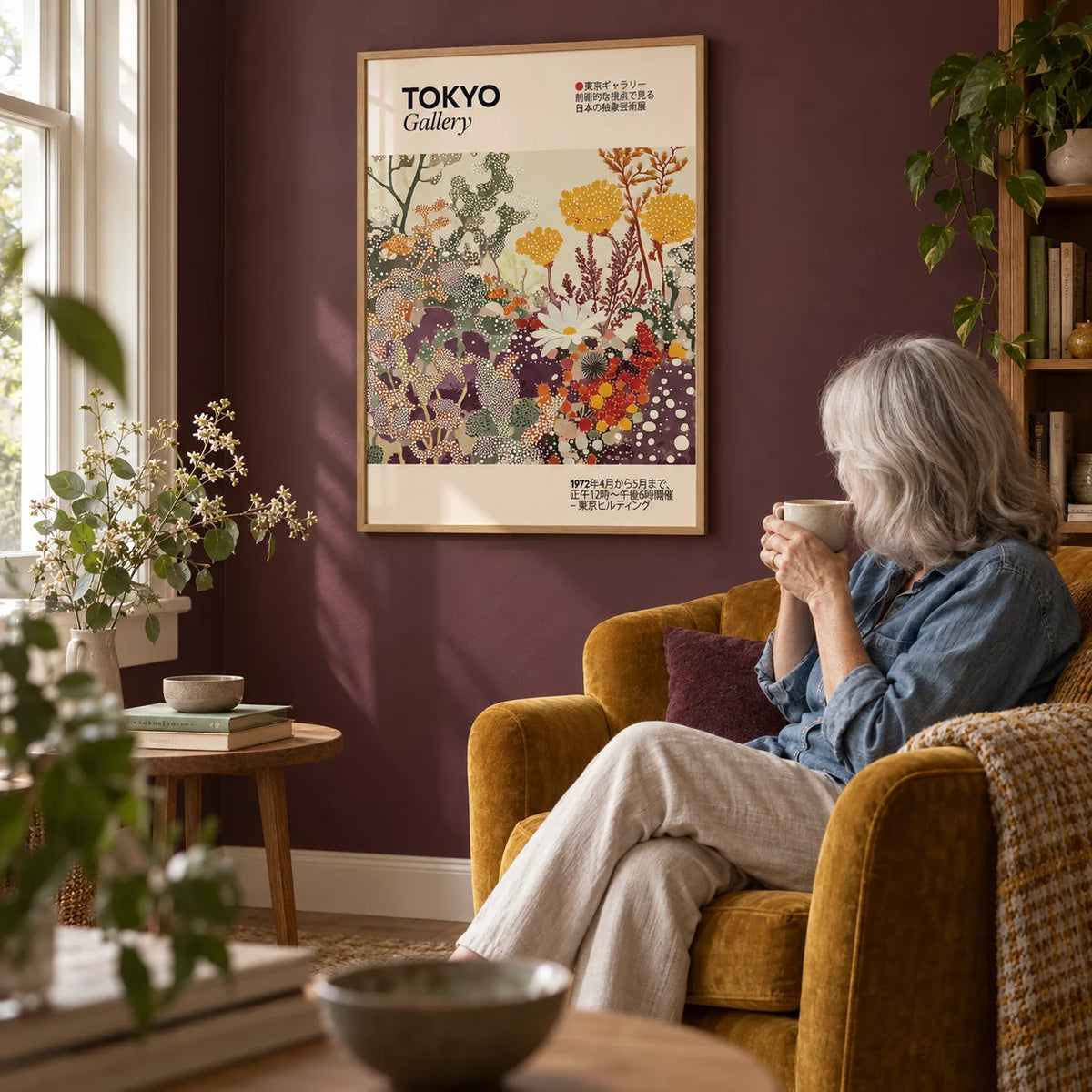 Vintage Floral Print, framed on the wall of a quiet reading corner with a plum painted wall in a living room