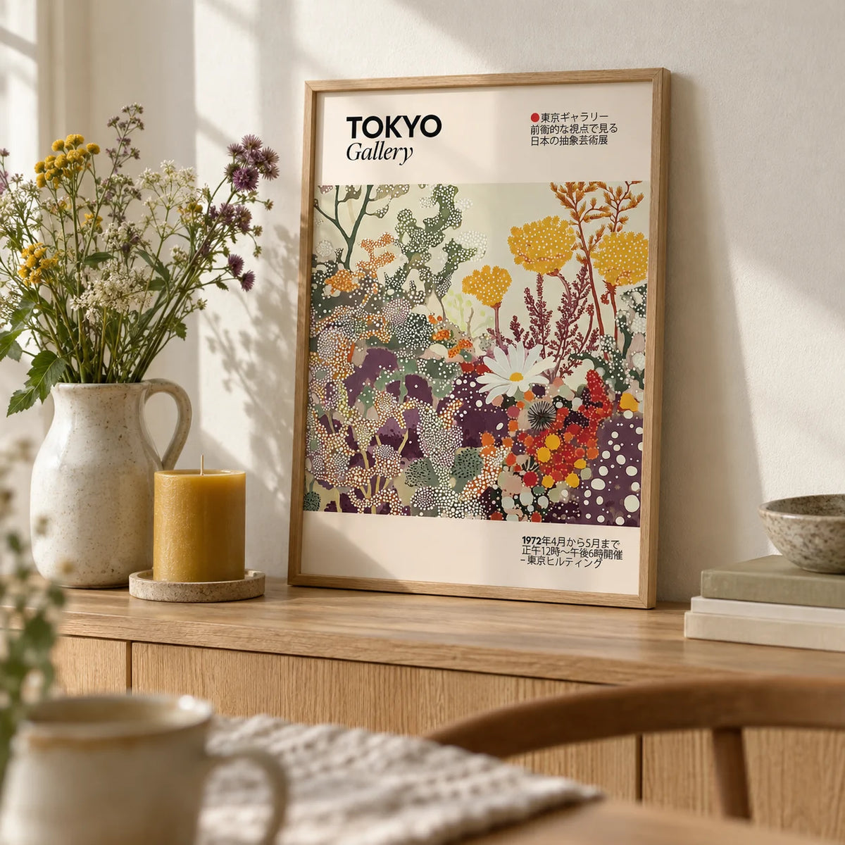 Vintage Floral Print, a small A4 framed print leaning on a pale oak shelf in a living room