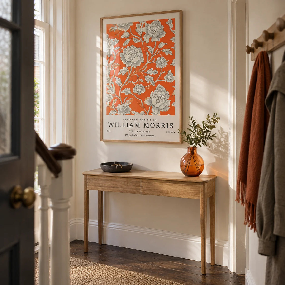 Vintage Flower Art, framed on the wall of a bright narrow hallway in a renovated UK terrace with cream walls
