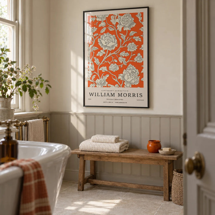Vintage Flower Art, framed on the wall of a characterful bathroom in an Edwardian terrace with cream upper walls and plain warm grey tongue-and-groove panelling