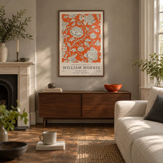 Vintage Flower Art, framed on the wall of a characterful living room in a Victorian terrace with warm grey plaster walls