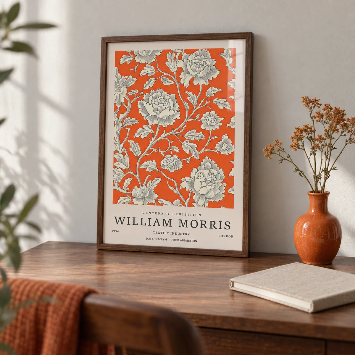 Vintage Flower Art, a small A4 framed print leaning on a walnut writing desk