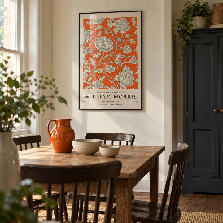 Vintage Flower Art, framed on the wall of a welcoming dining room in a period UK flat with cream walls and a shallow alcove