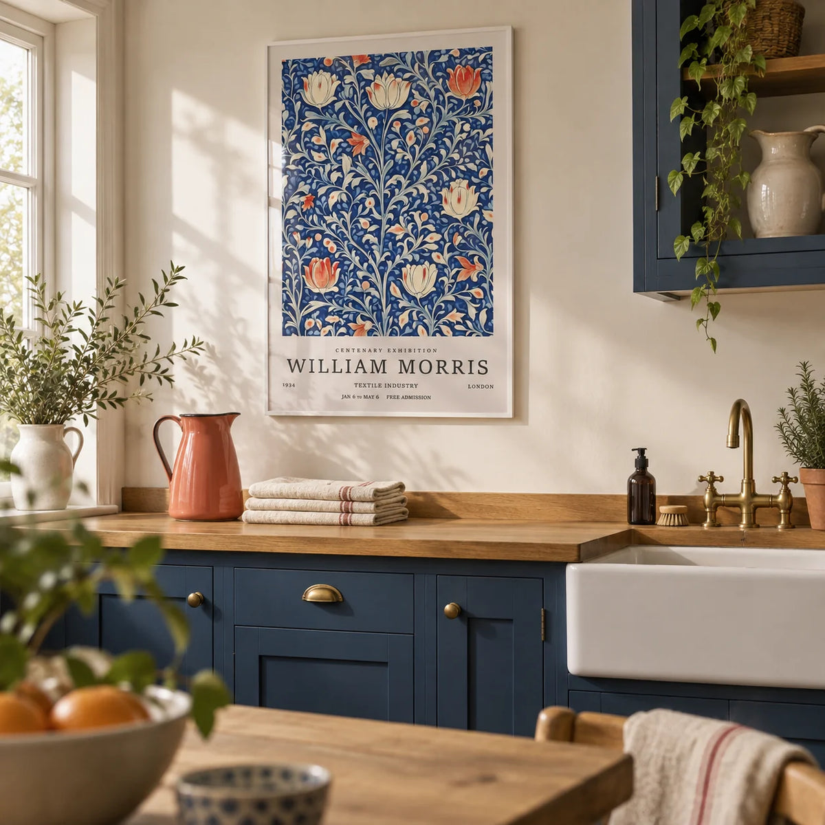 Vintage Flower Wall Art, framed on the wall of a cream utility room with cobalt blue painted cabinets in a kitchen