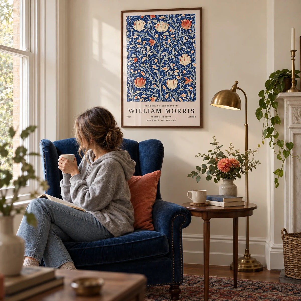 Vintage Flower Wall Art, framed on the wall of a reading corner in a period house with a soft cream wall in a living room