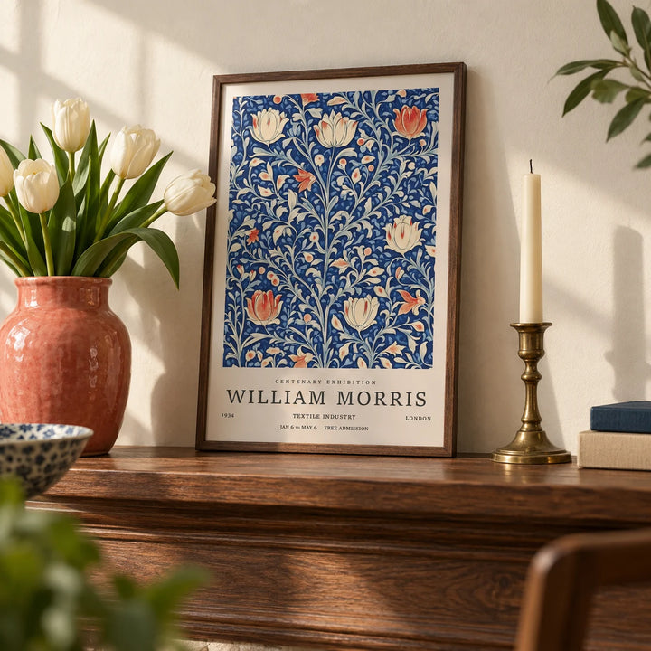 Vintage Flower Wall Art, a small A4 framed print leaning on a shelf in a living room