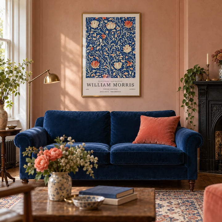 Vintage Flower Wall Art, framed on the wall of a Victorian terrace sitting room with a warm plaster pink wall and a cast iron fireplace in a living room