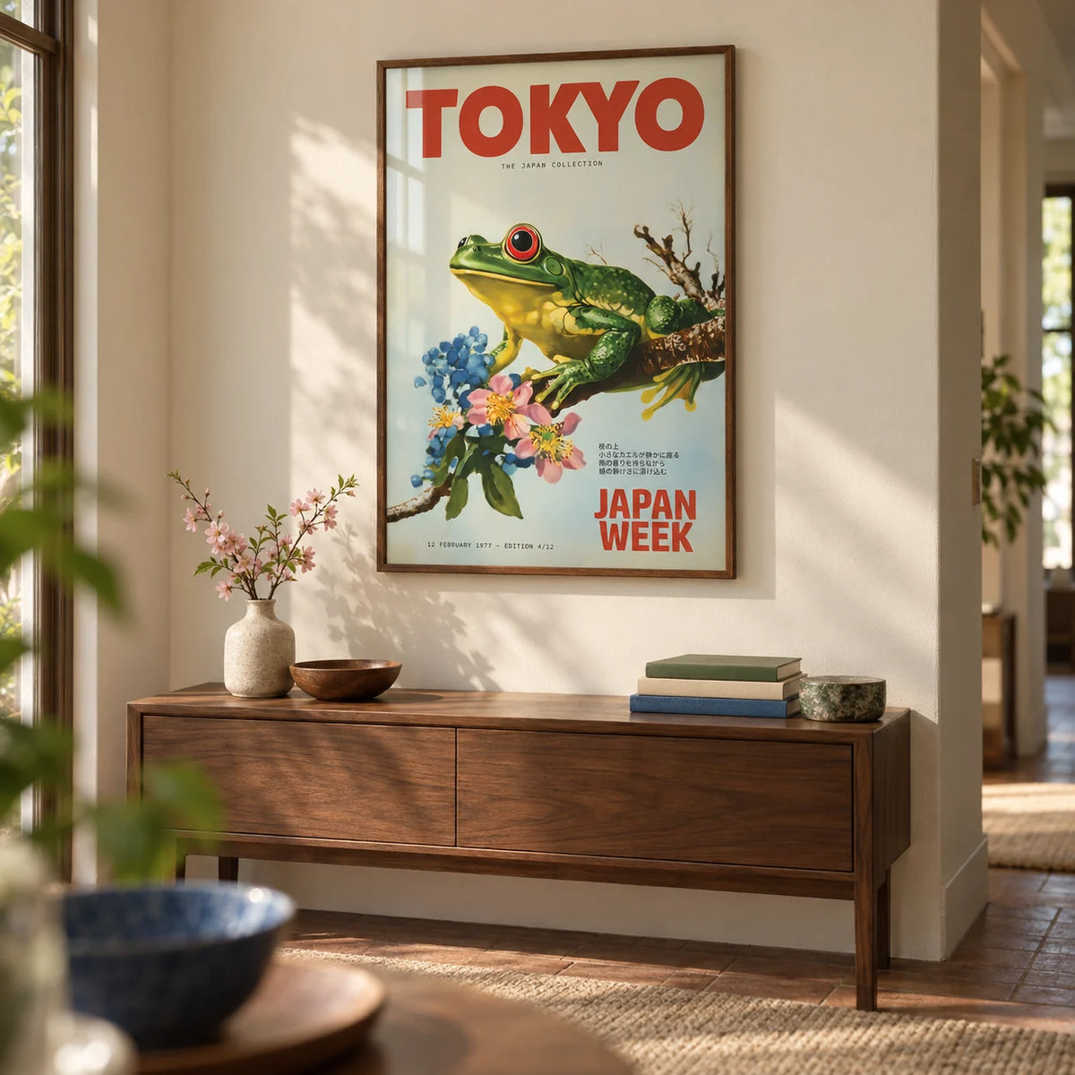 Frog Wall Art, framed on the wall of a calm hallway with a cream wall