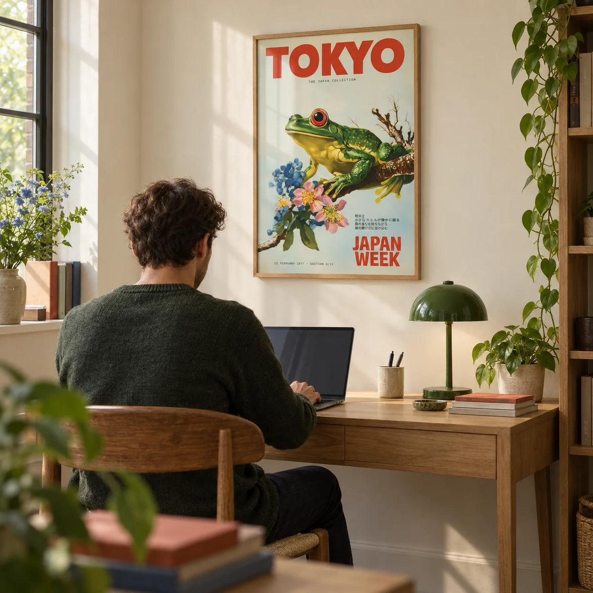 Frog Wall Art, framed on the wall of a home office with a cream wall