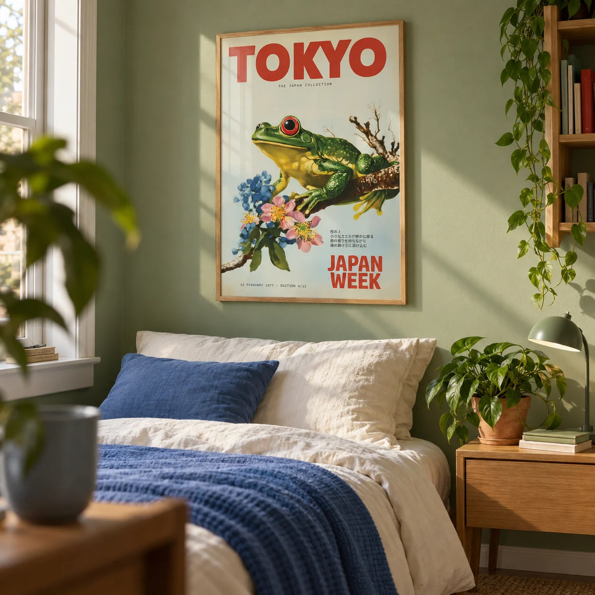 Frog Wall Art, framed on the wall of a young lad's bedroom (16-25) with a soft green wall