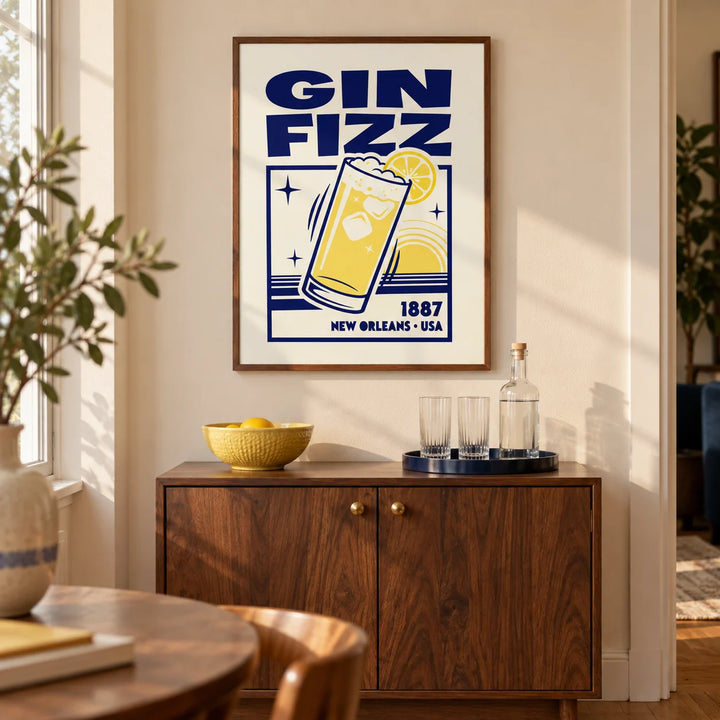 Vintage Gin Fizz Print, framed on the wall of a characterful home bar corner in a UK city flat with a warm cream wall and oak floor in a living room