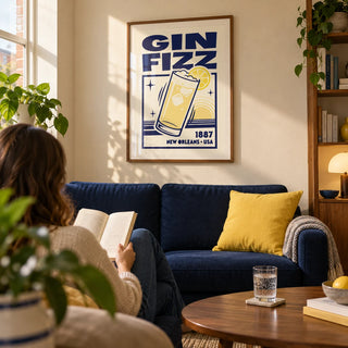 Vintage Gin Fizz Print, framed on the wall of a warm modern living room in a UK flat with a cream plaster wall and a walnut coffee table