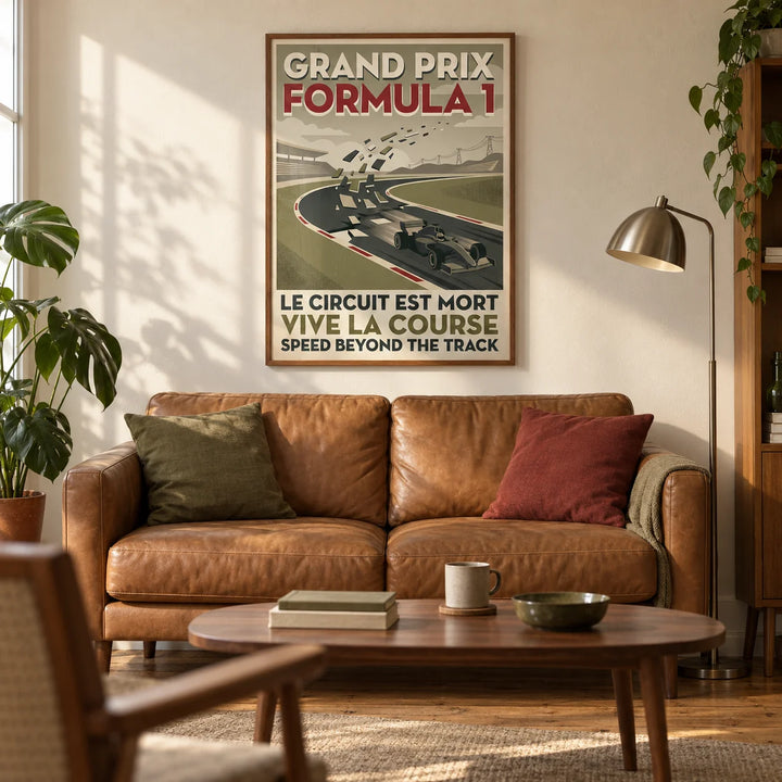 Vintage Grand Prix Art Print, framed on the wall of a characterful living room in a UK first flat (22-28) with warm ivory plaster walls