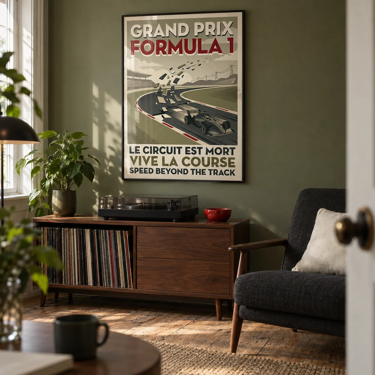 Vintage Grand Prix Art Print, framed on the wall of a compact music and racing snug in a UK Victorian terrace with a muted olive wall and stripped wooden floor in a living room