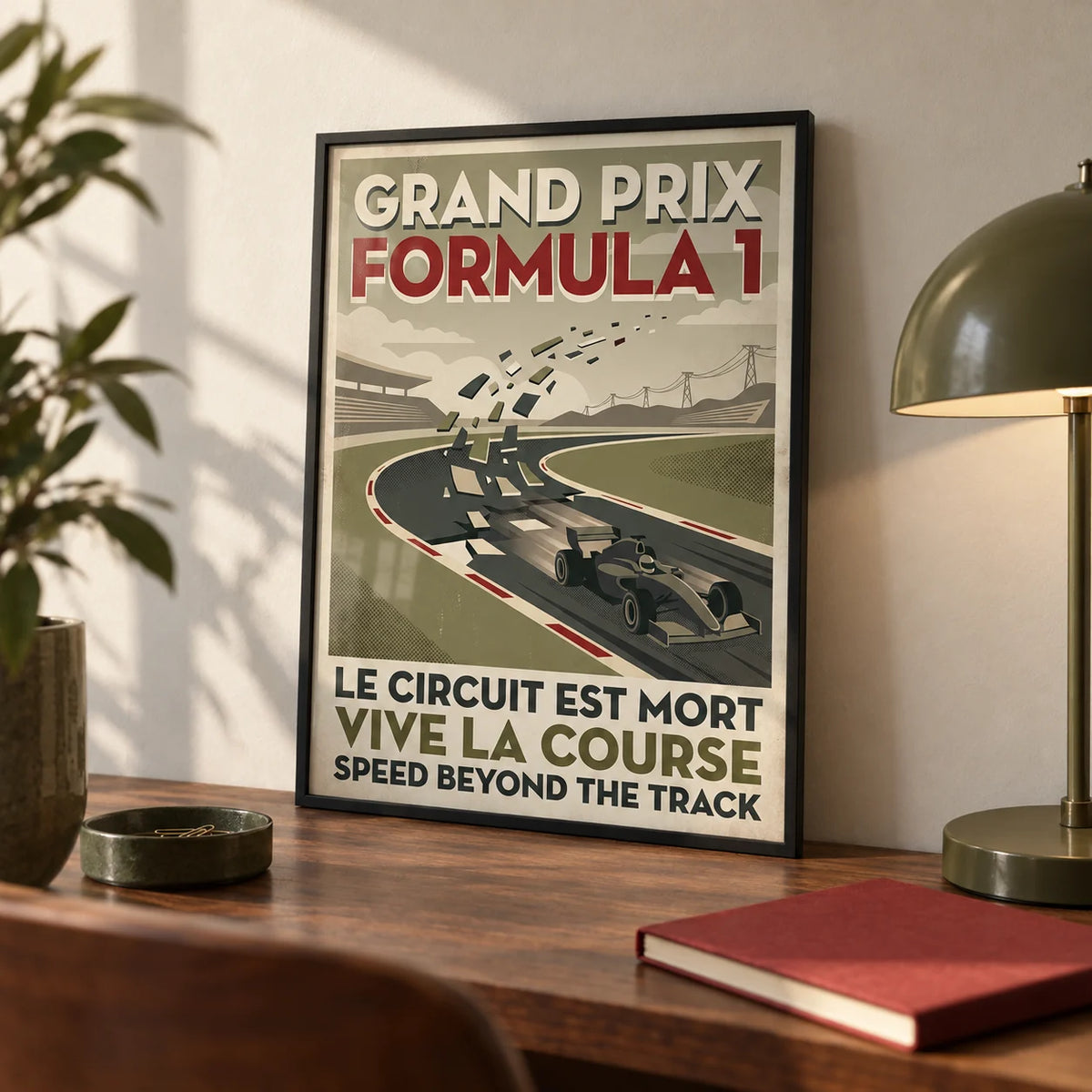 Vintage Grand Prix Art Print, a small A4 framed print leaning on a walnut desk