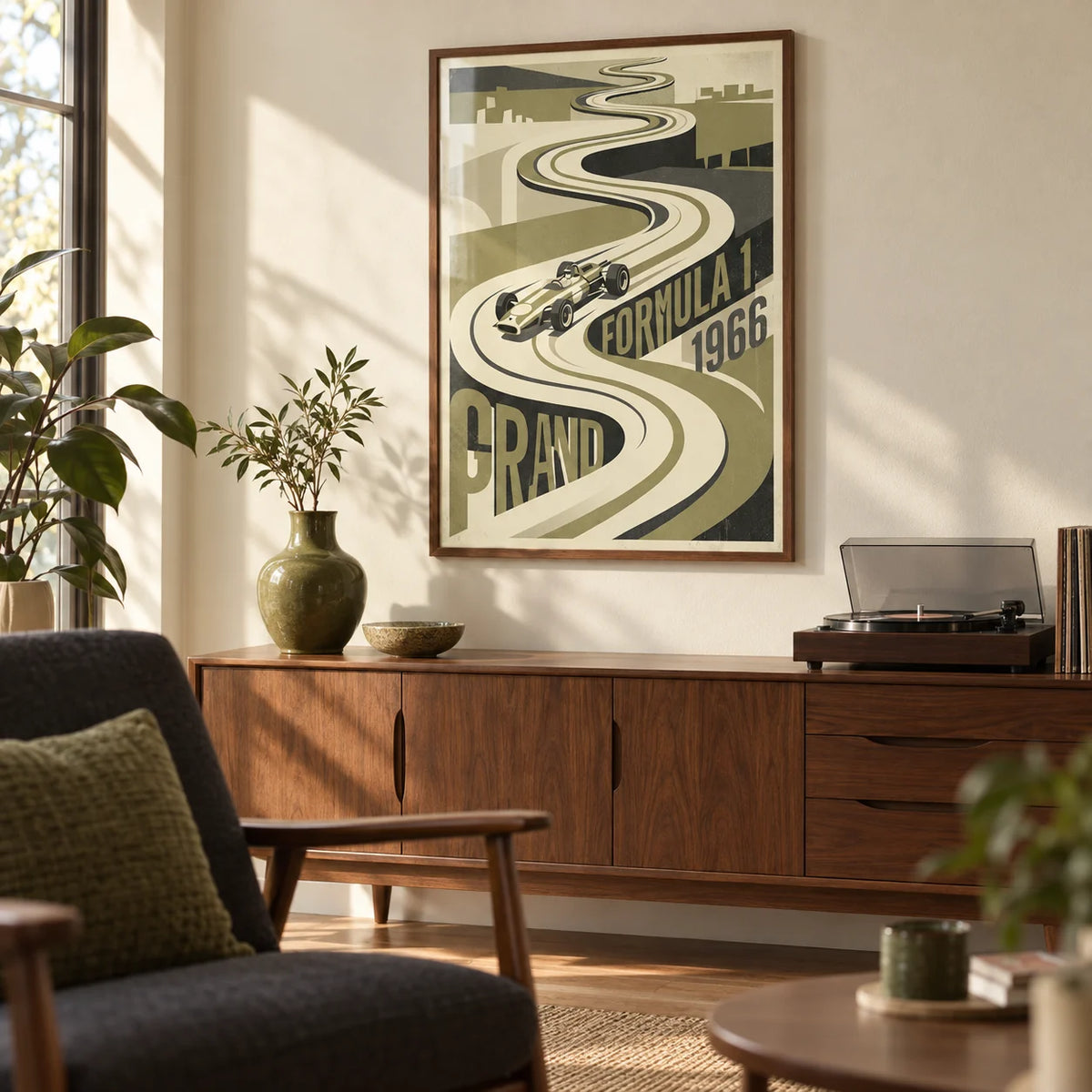Vintage Grand Prix Car Poster, framed on the wall of a mid-century living room with a warm cream wall