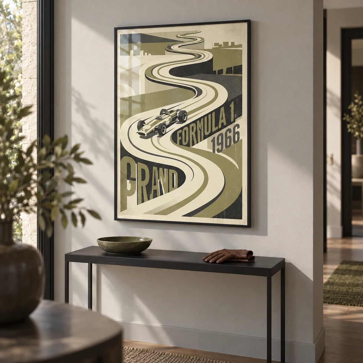 Vintage Grand Prix Car Poster, framed on the wall of a modern hallway with a pale grey wall