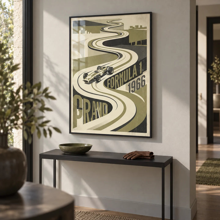 Vintage Grand Prix Car Poster, framed on the wall of a modern hallway with a pale grey wall