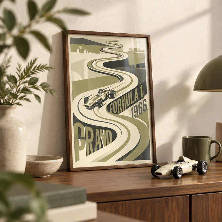 Vintage Grand Prix Car Poster, a small A4 framed print leaning on a walnut shelf in a living room