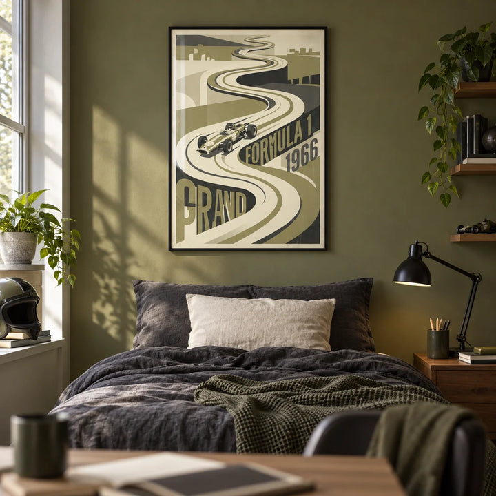 Vintage Grand Prix Car Poster, framed on the wall of a teen boy's bedroom (13-17) with an olive green painted wall