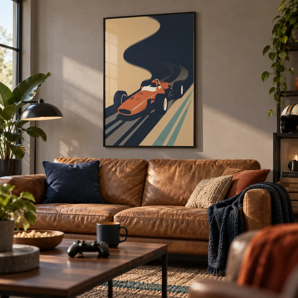Vintage Grand Prix Poster, framed on the wall of a man cave games room in a living room