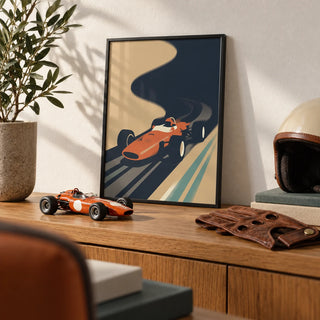 Vintage Grand Prix Poster, a small A4 framed print leaning on an oak shelf in a living room