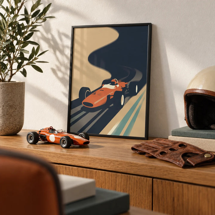 Vintage Grand Prix Poster, a small A4 framed print leaning on an oak shelf in a living room