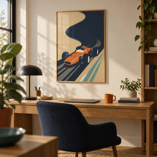 Vintage Grand Prix Poster, framed on the wall of a stylish home office