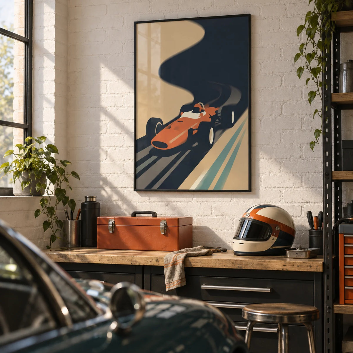 Vintage Grand Prix Poster, framed on the wall of a tidy modern garage workshop