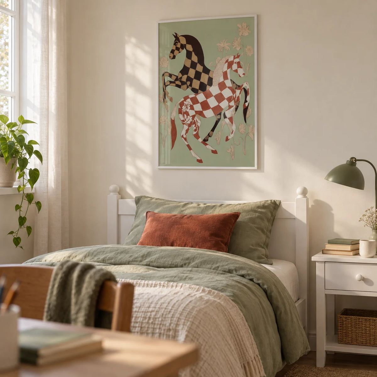 Vintage Horse Art, framed on the wall of a calm teenage girl's bedroom (14-17) with a cream wall