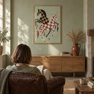 Vintage Horse Art, framed on the wall of a characterful country living room with a soft sage green limewashed wall