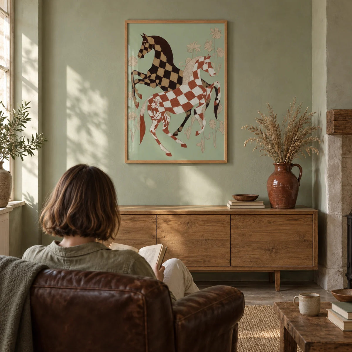 Vintage Horse Art, framed on the wall of a characterful country living room with a soft sage green limewashed wall