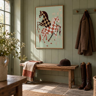 Vintage Horse Art, framed on the wall of a country boot room with sage green painted panelling in a hallway