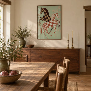 Vintage Horse Art, framed on the wall of a country dining room with a warm cream wall and wide oak floorboards