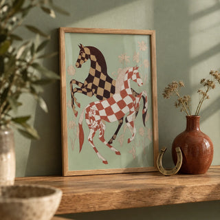 Vintage Horse Art, a small A4 framed print leaning on an oak shelf in a living room